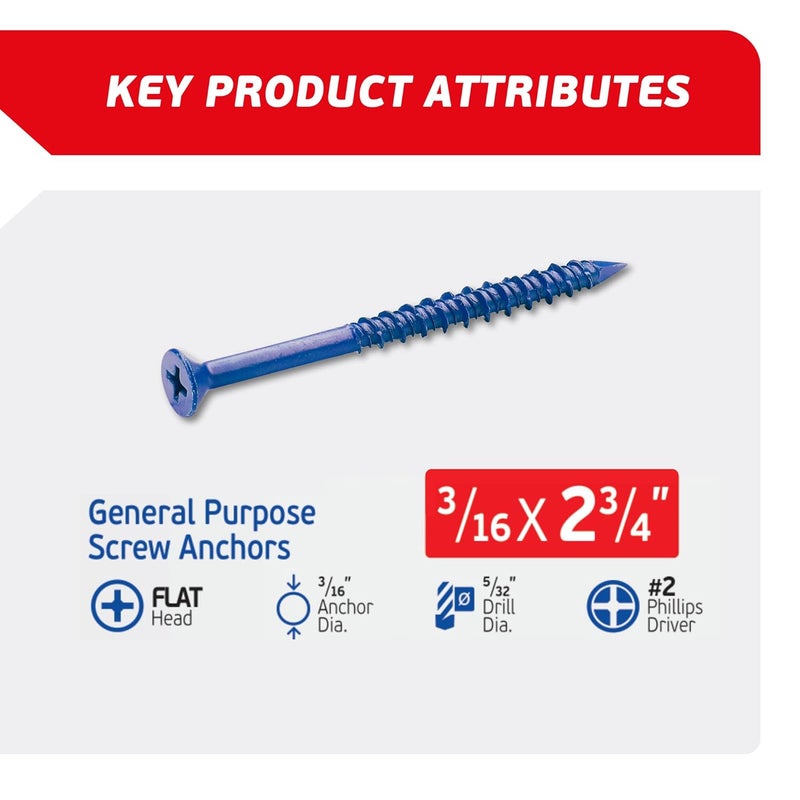 FixMaster 3/16 x 2-3/4" Countersunk Phillips Flat Head Blue Concrete Screw Anchors (100 pcs Screw Kit) with one Screwdriver and Drill Bit for Concrete, Masonry, Block, Brick and Wood Fastening - Image 2